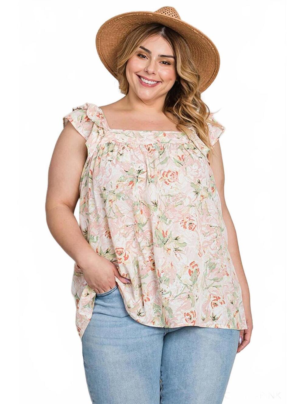 Cotton Bleu Floral Boho Blouse - Coral Pink Ruffle Sleeve Top